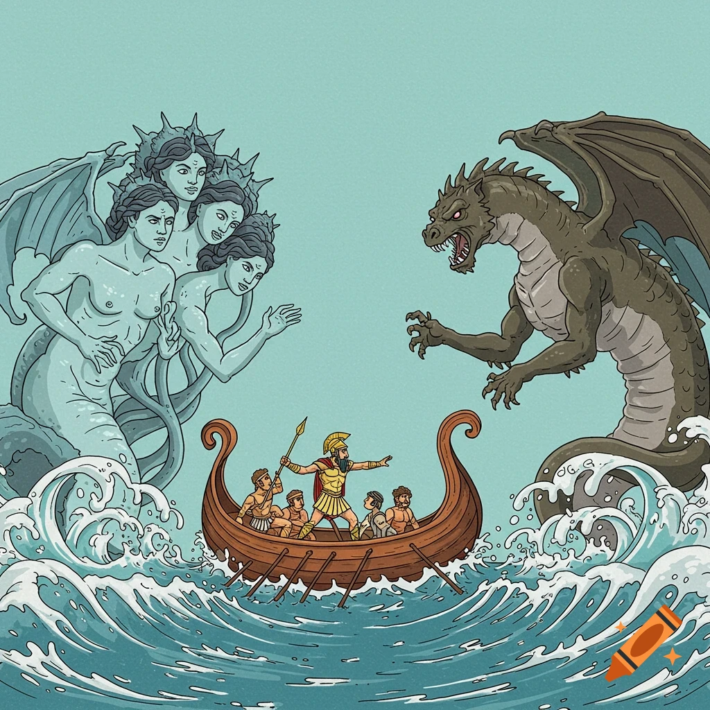 Cartoon illustration of Odysseus and crew sailing between the multi-headed monster Scylla and a dragon-like monster Charybdis.