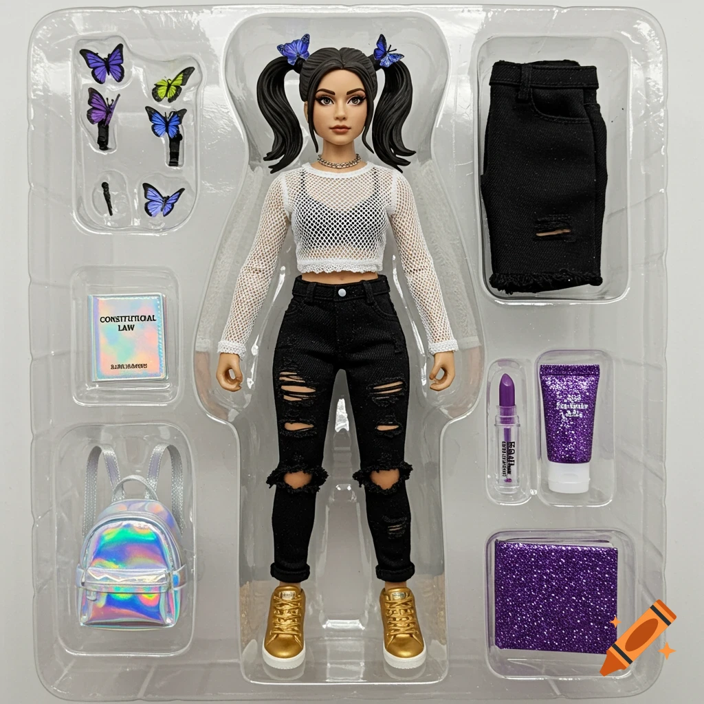 A photorealistic action figure of a young woman in ripped jeans and mesh top inside clear plastic packaging with accessories.