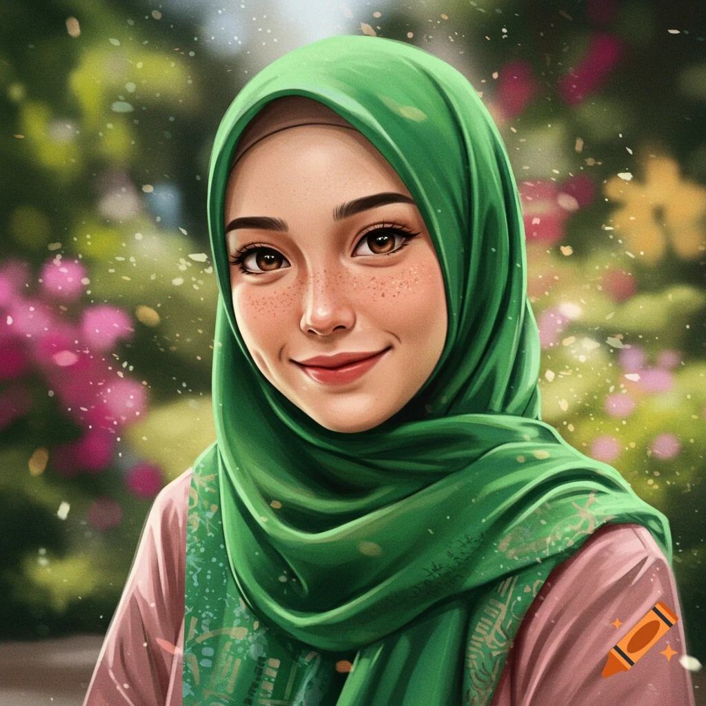 Portrait of a young woman in green hijab smiling in a garden.