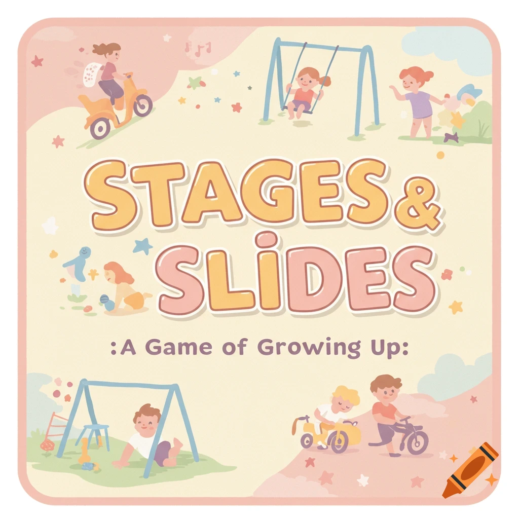 Illustration of children playing on a playground with text "Stages & Slides: A Game of Growing Up".