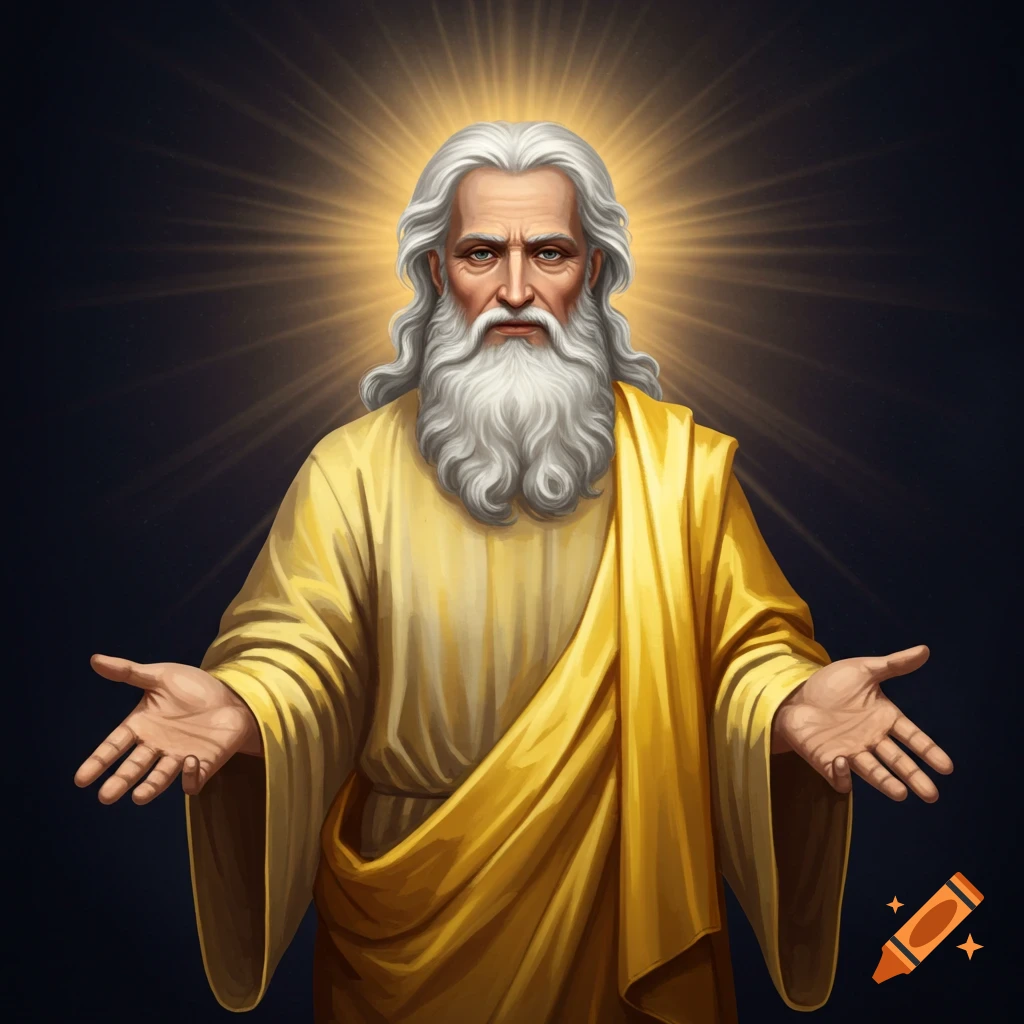A figure resembling God with white hair and beard, halo, and yellow robes, with hands extended.