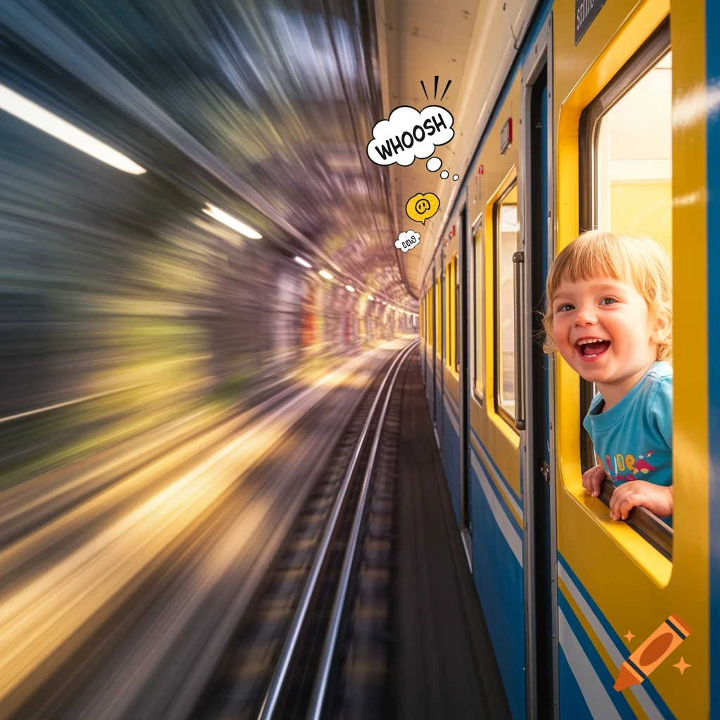 Happy child looks out of a speeding train window with comic sound effects.