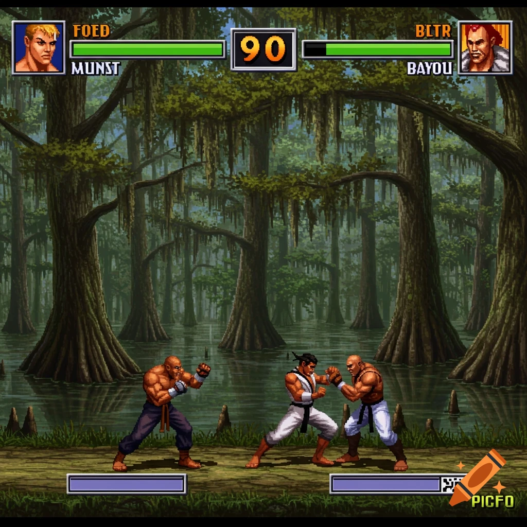 Pixel art fighting game in a bayou setting.