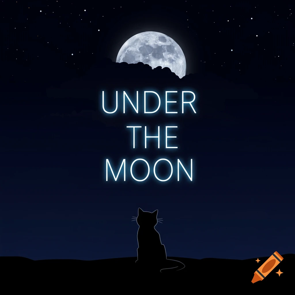 A black cat silhouette sits on a hill looking up at a large moon in a star-filled night sky with the words "UNDER THE MOON" in neon text.