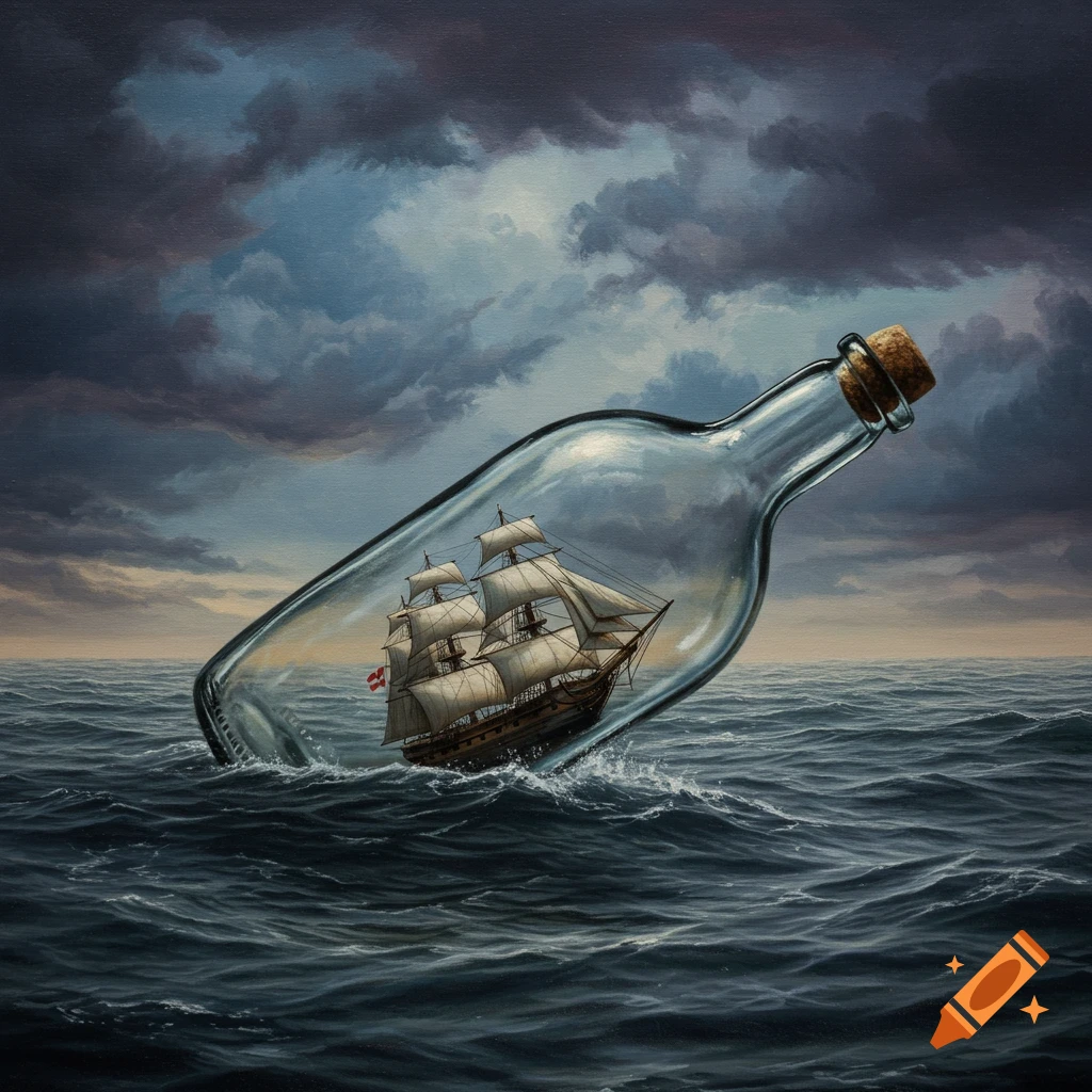 Painting of a ship in a bottle floating on a stormy ocean.