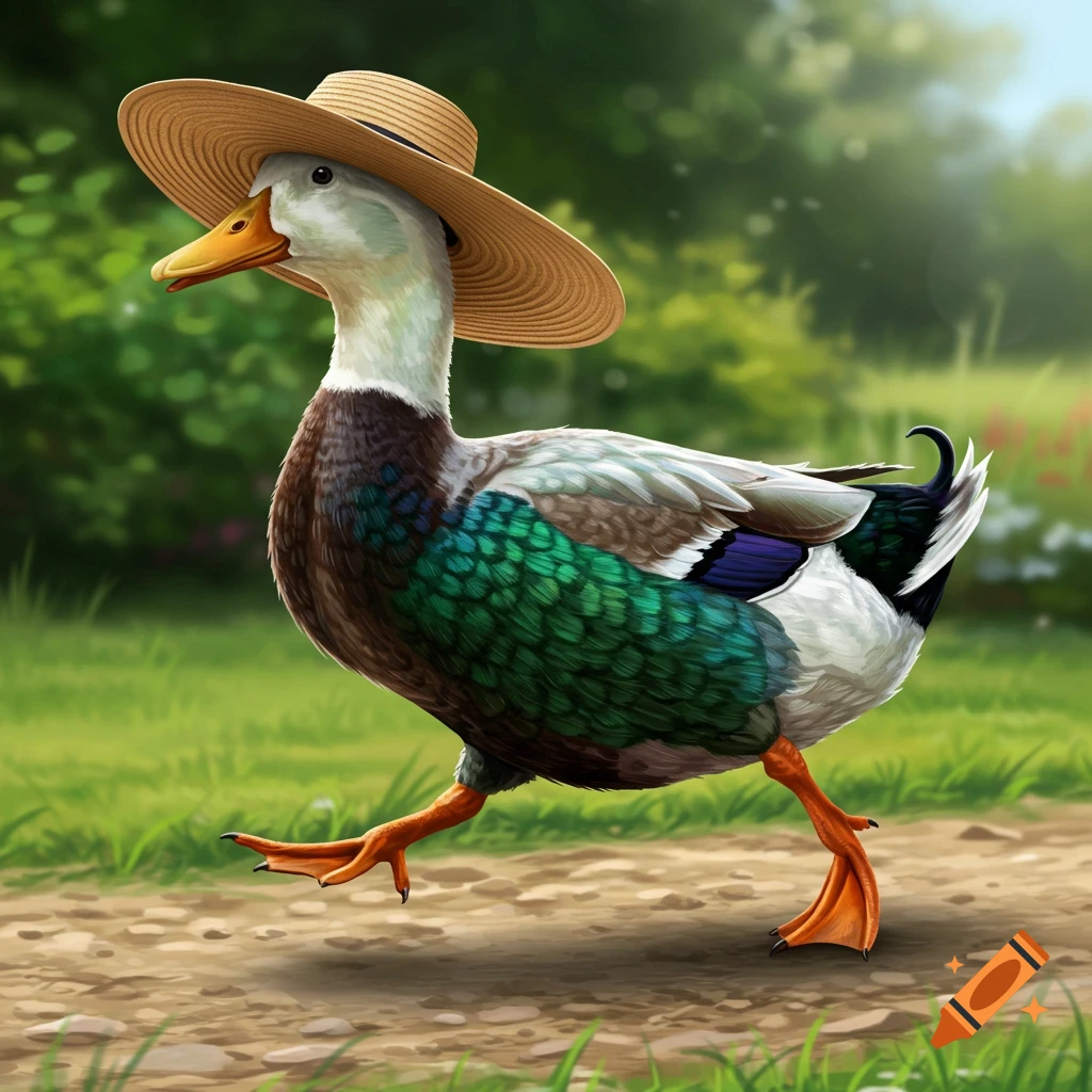 A hyperrealistic image of a duck wearing a straw hat walking on a path.