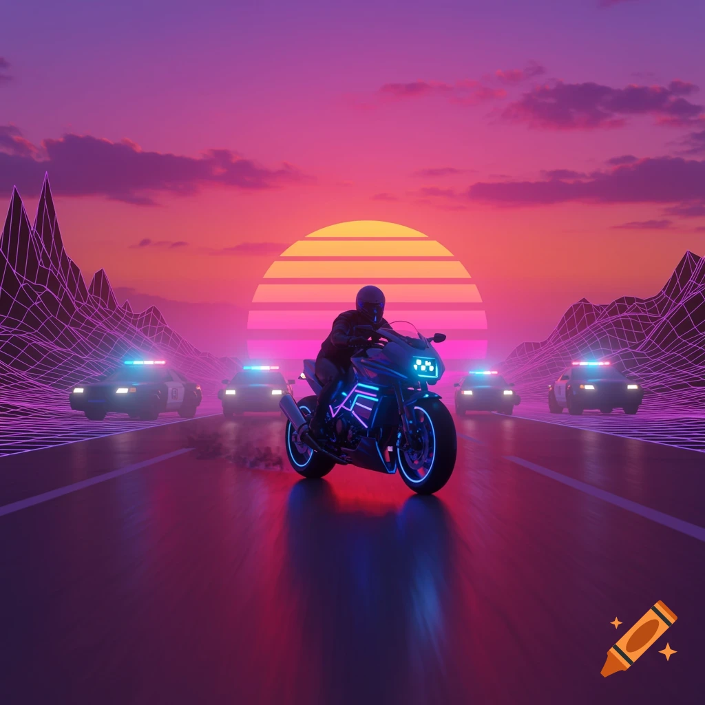 Synthwave style image of a motorcycle chased by police cars at sunset
