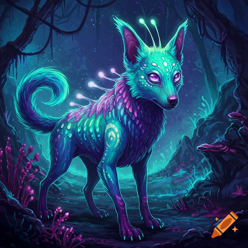 A vibrant, bioluminescent fantasy alien dog stands in a dark, glowing forest.