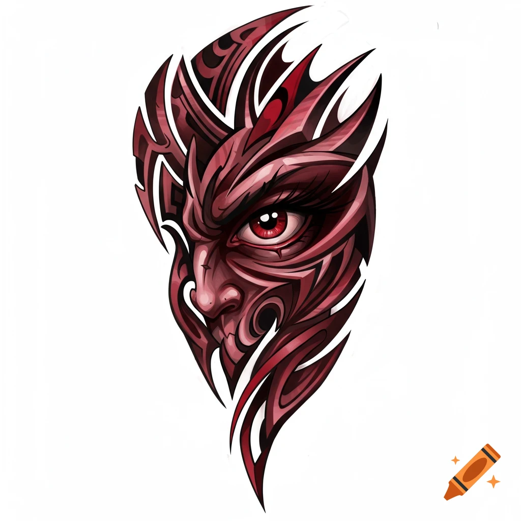 Red and black stylized tribal demon face design illustration.