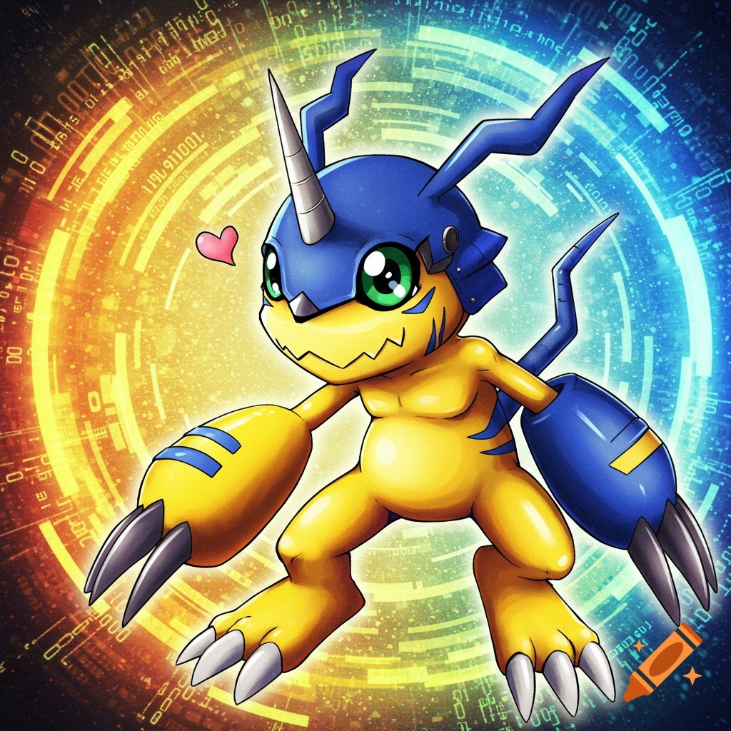 The Digimon character Hackmon is depicted against an abstract digital background.