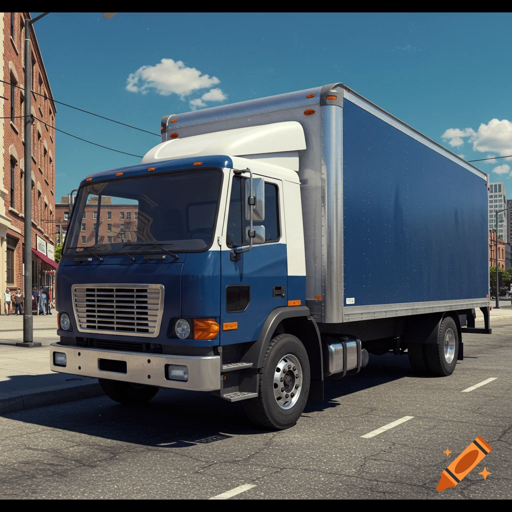 A blue and white box truck parked on an urban street.