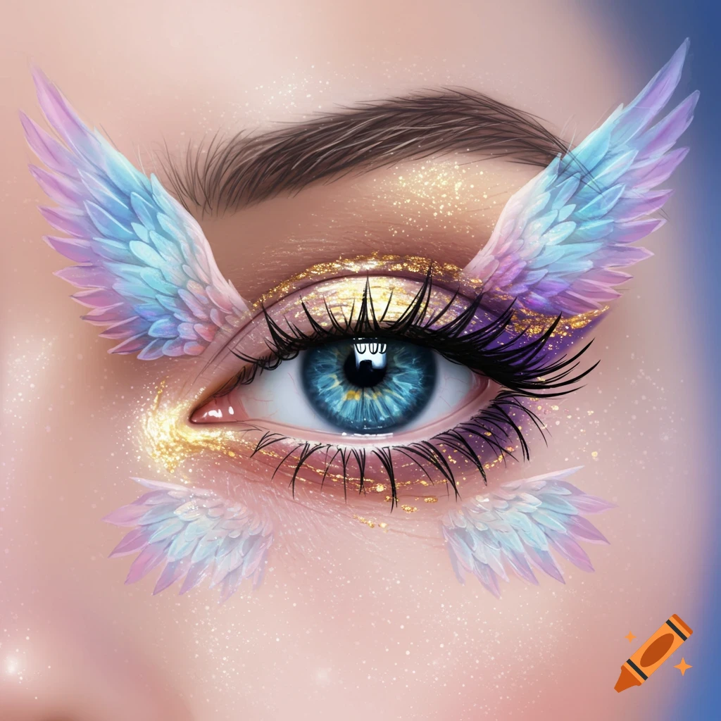 A blue eye with colorful feathered wings and shimmering gold and purple makeup.