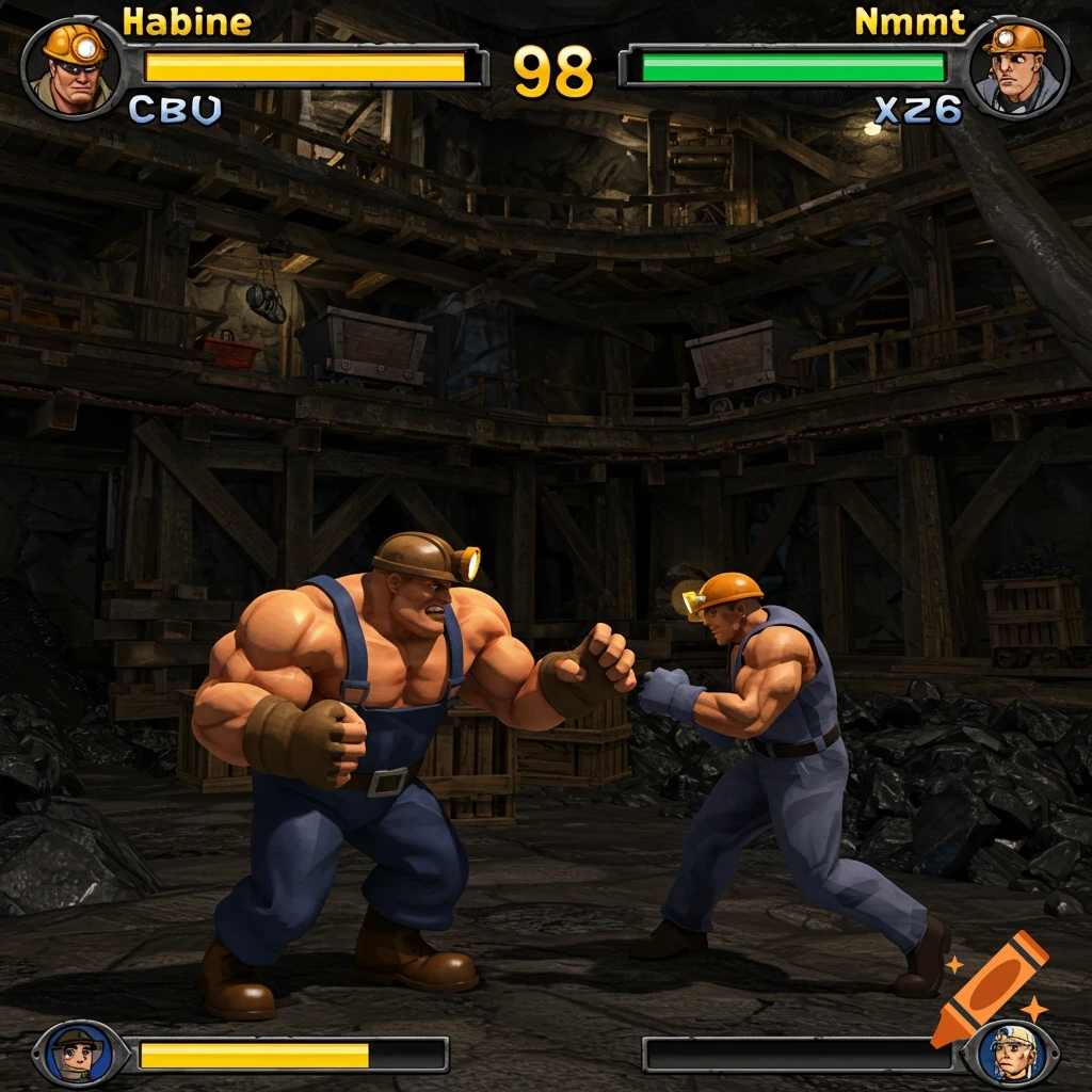 Two characters in miner outfits fighting in a coal mine arena, rendered in a 3D fighting game style.