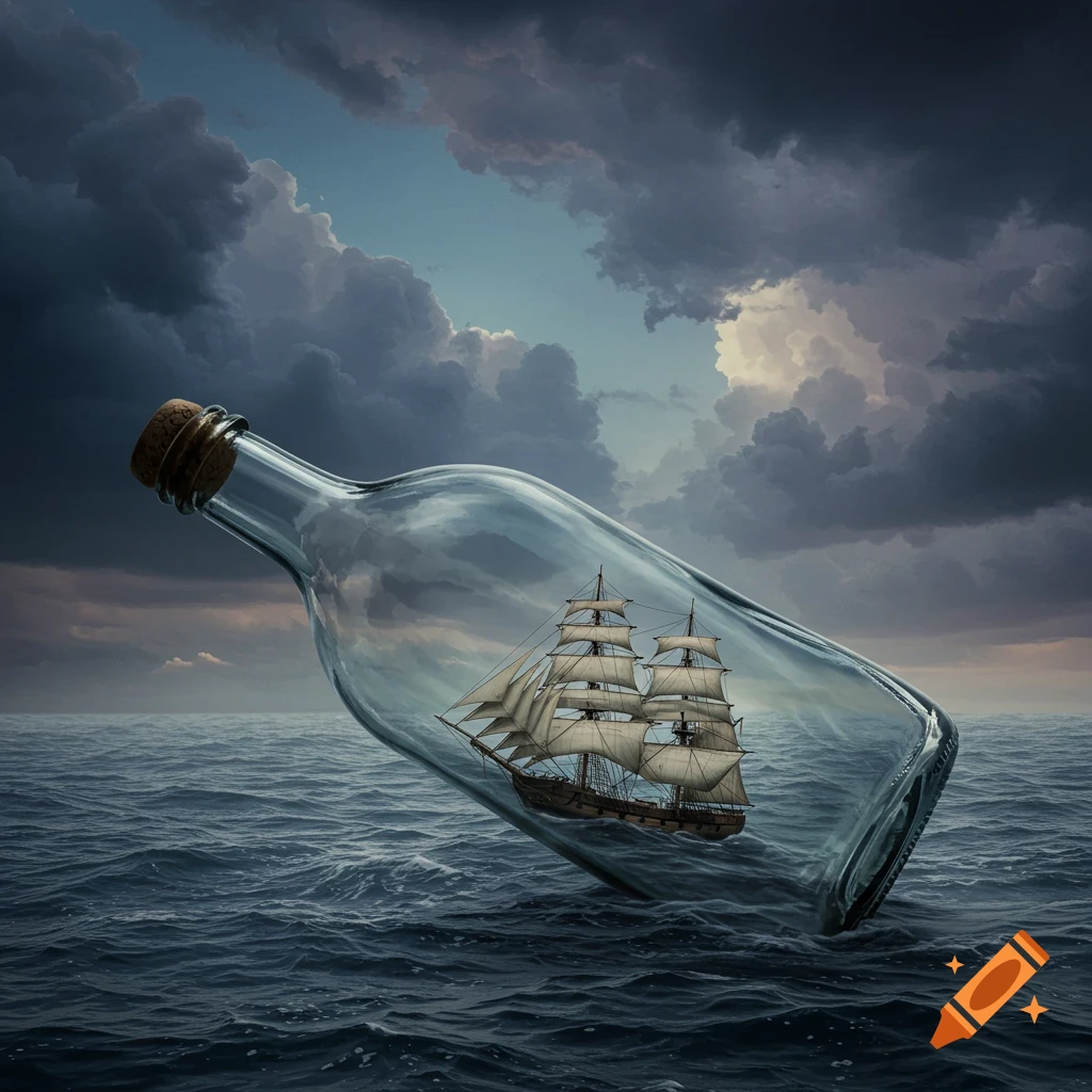 A ship in a bottle floats on a stormy sea under dark clouds. Surreal art.