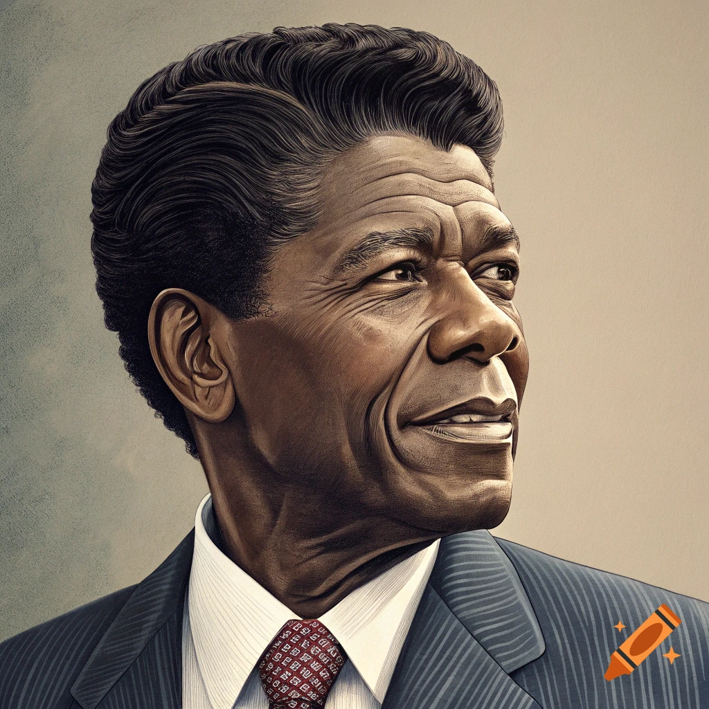 Close-up portrait of a man in a suit and tie, looking away and smiling. Illustration style.