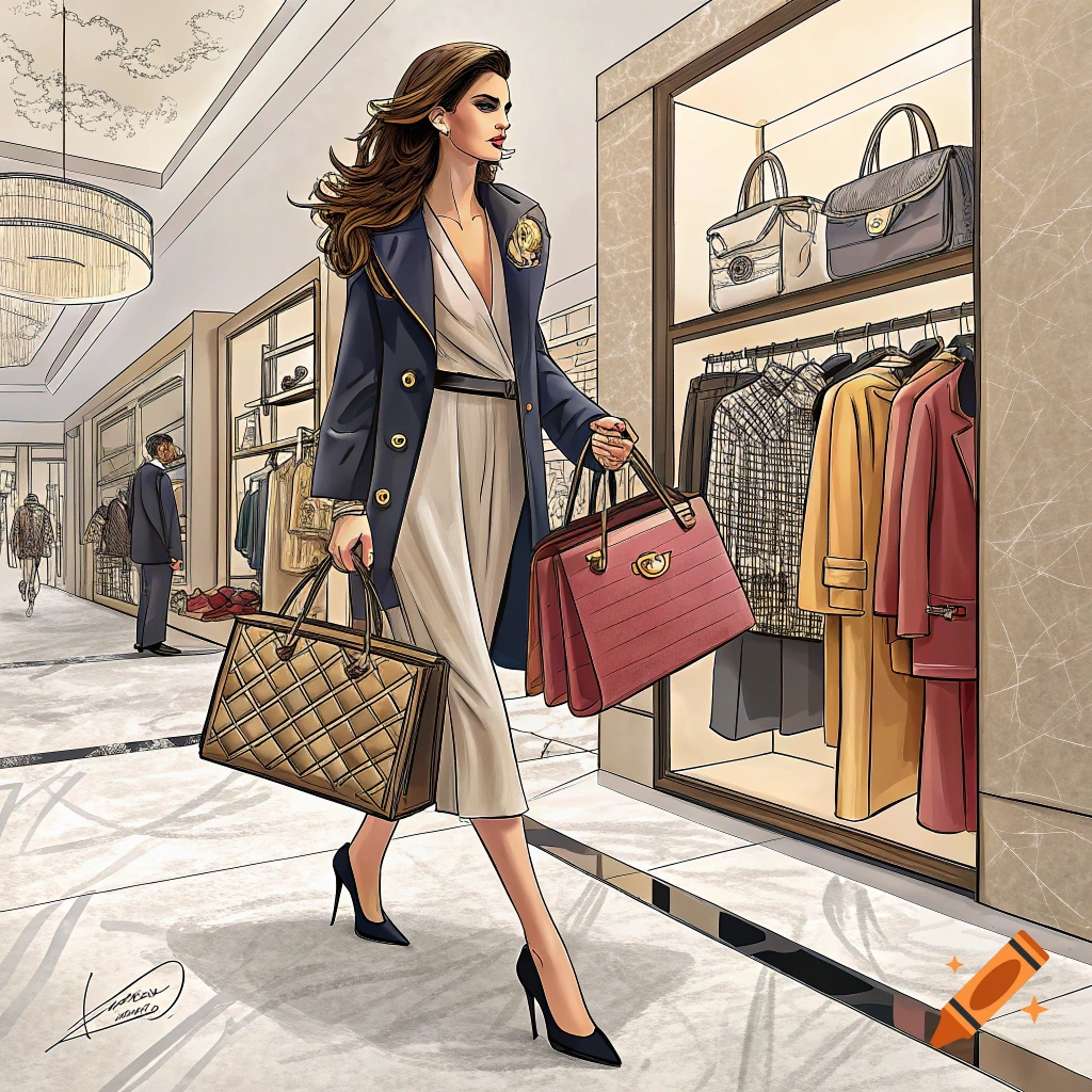 Fashion illustration of a woman shopping in a store, carrying bags.