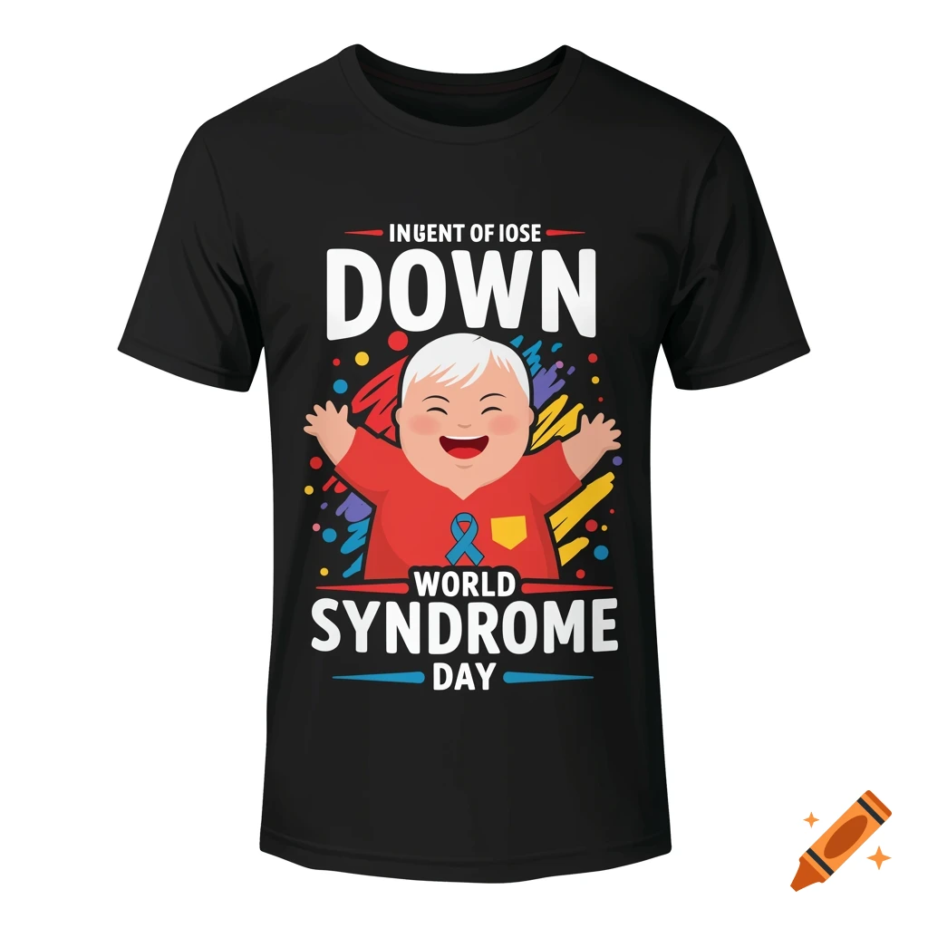 Graphic design t-shirt with illustration of a joyful person with Down Syndrome and text 'DOWN WORLD SYNDROME DAY'.