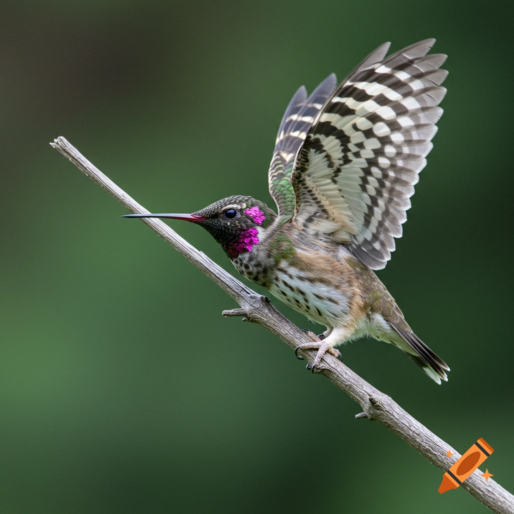 A hummingbird perched on a branch with its wings spread.