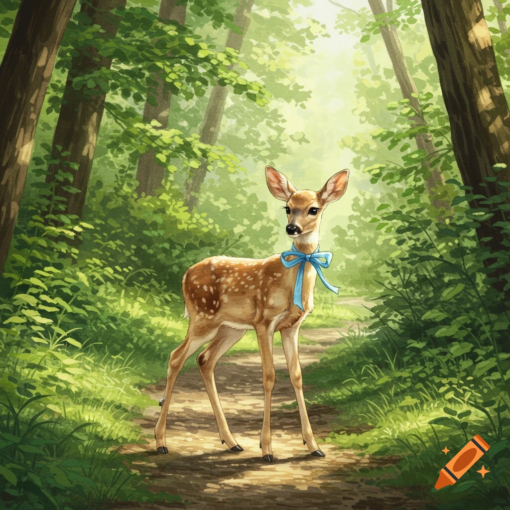 A watercolor illustration of a fawn with a blue ribbon standing on a forest path.