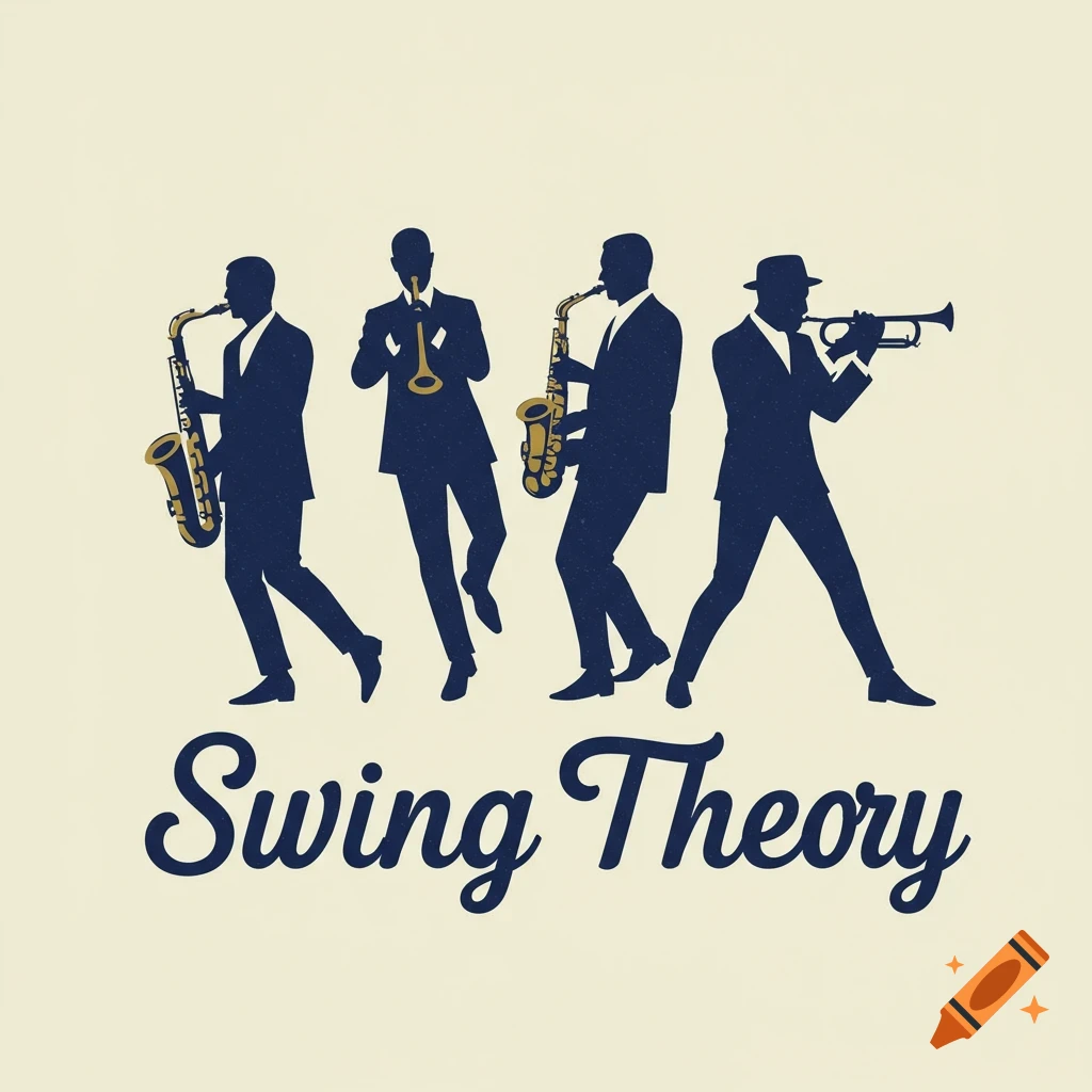 Logo of jazz band silhouettes playing instruments with text 'Swing Theory'.