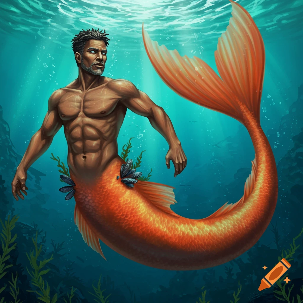 A muscular merman with silver eyes and an orange tail swimming underwater.
