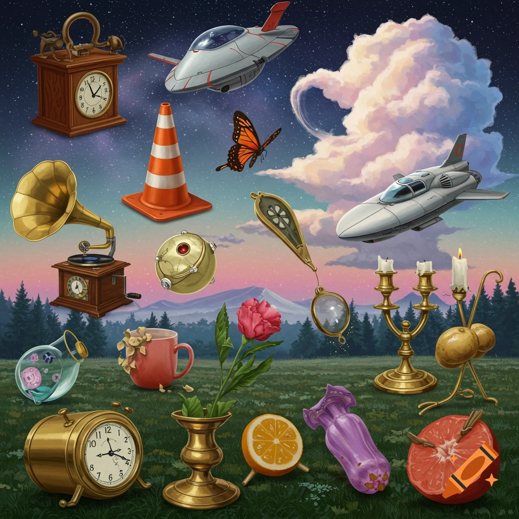 Various objects including clocks, spaceships, and fruit are scattered across a landscape.