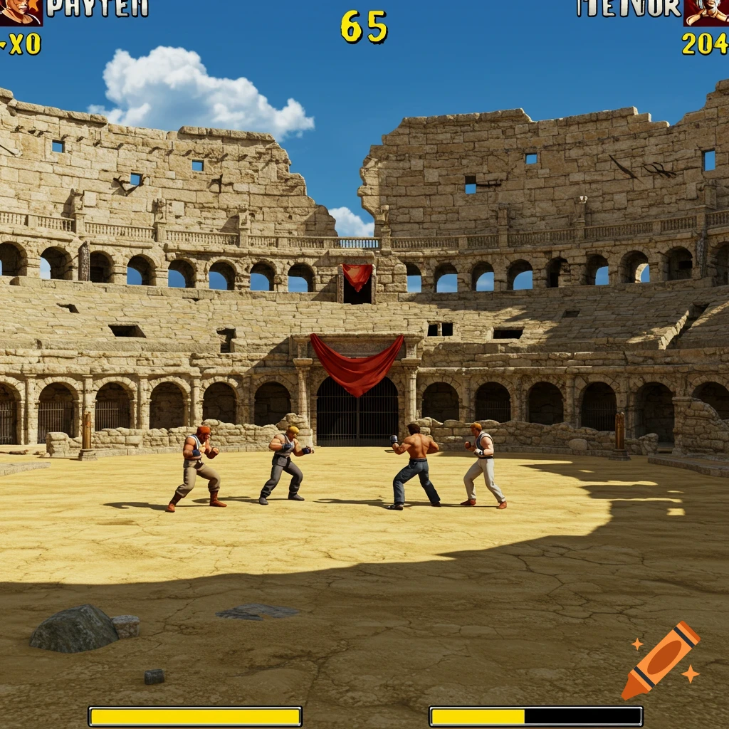 A PS1-style 3D fighting game scene in a Roman Colosseum.
