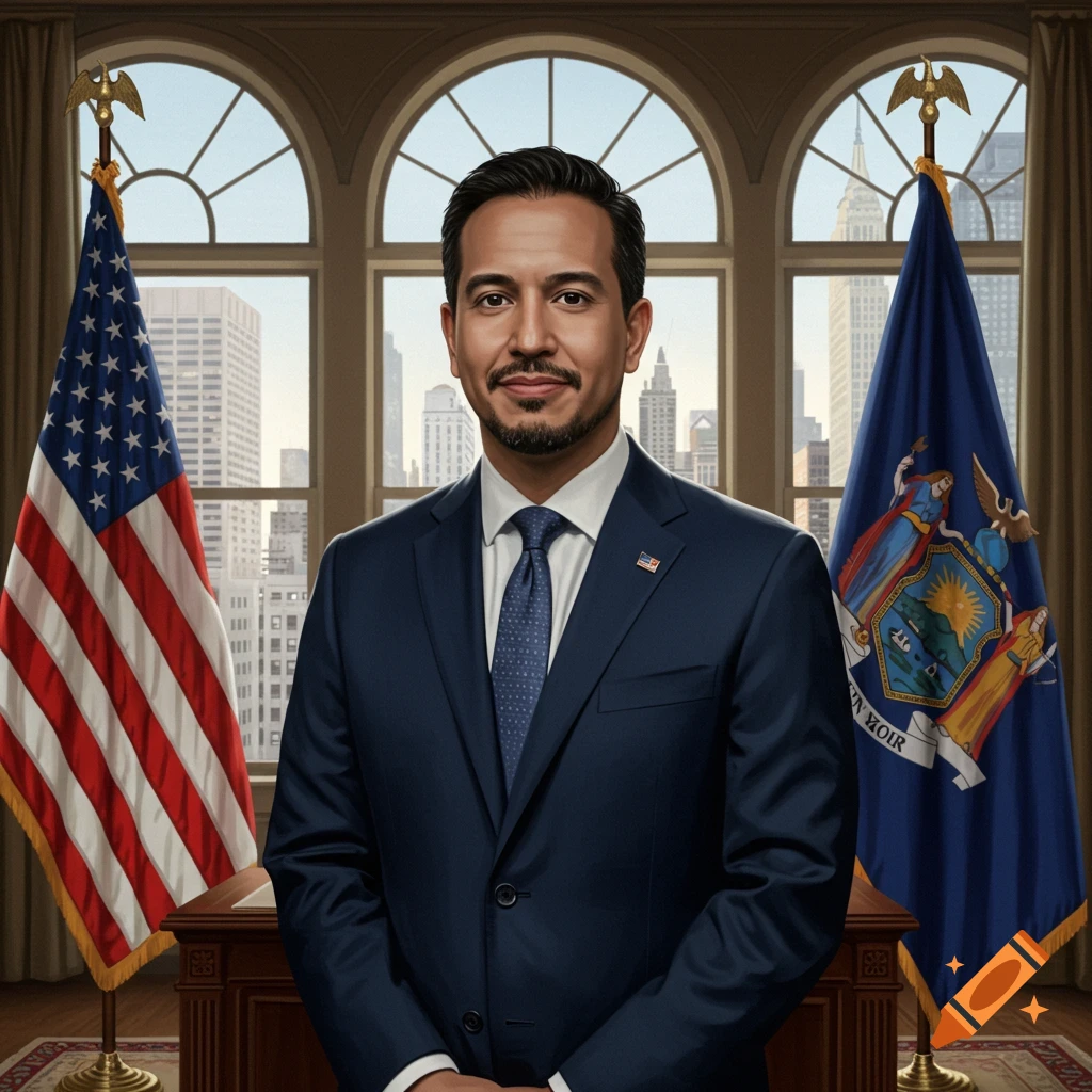 A man in a suit is standing with flags and a city view behind him.