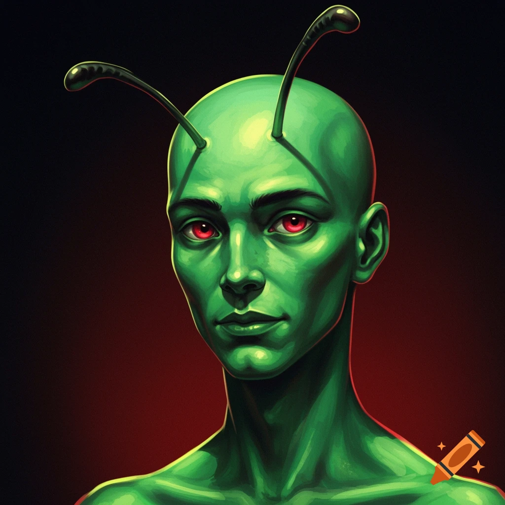 A green-skinned figure with red eyes and antennae.