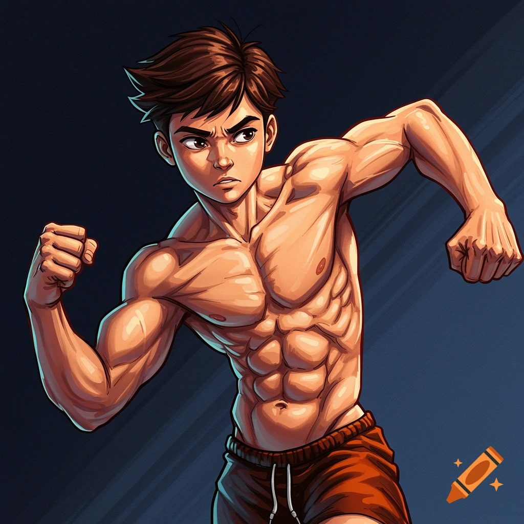 A muscular young man in a dynamic pose, comic book style.