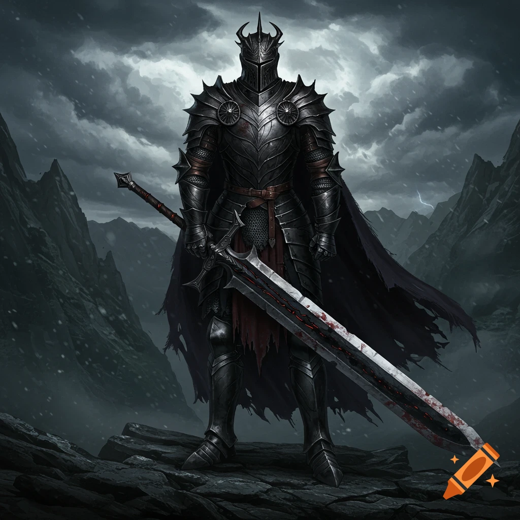 A dark medieval knight in black armor stands holding a large blood-stained greatsword in a stormy mountain landscape.
