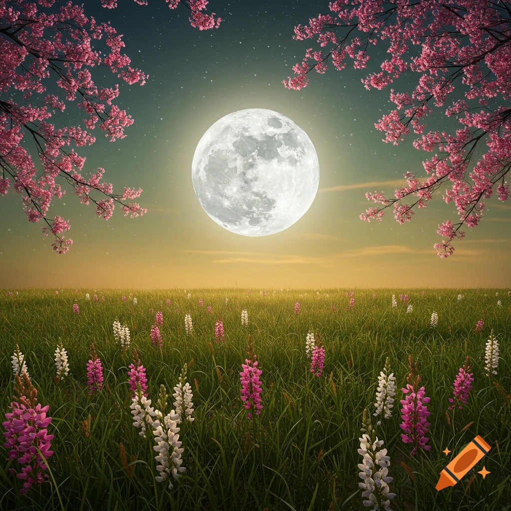A full moon shines over a field of grass and wildflowers, framed by pink blossoms under a starry sky.