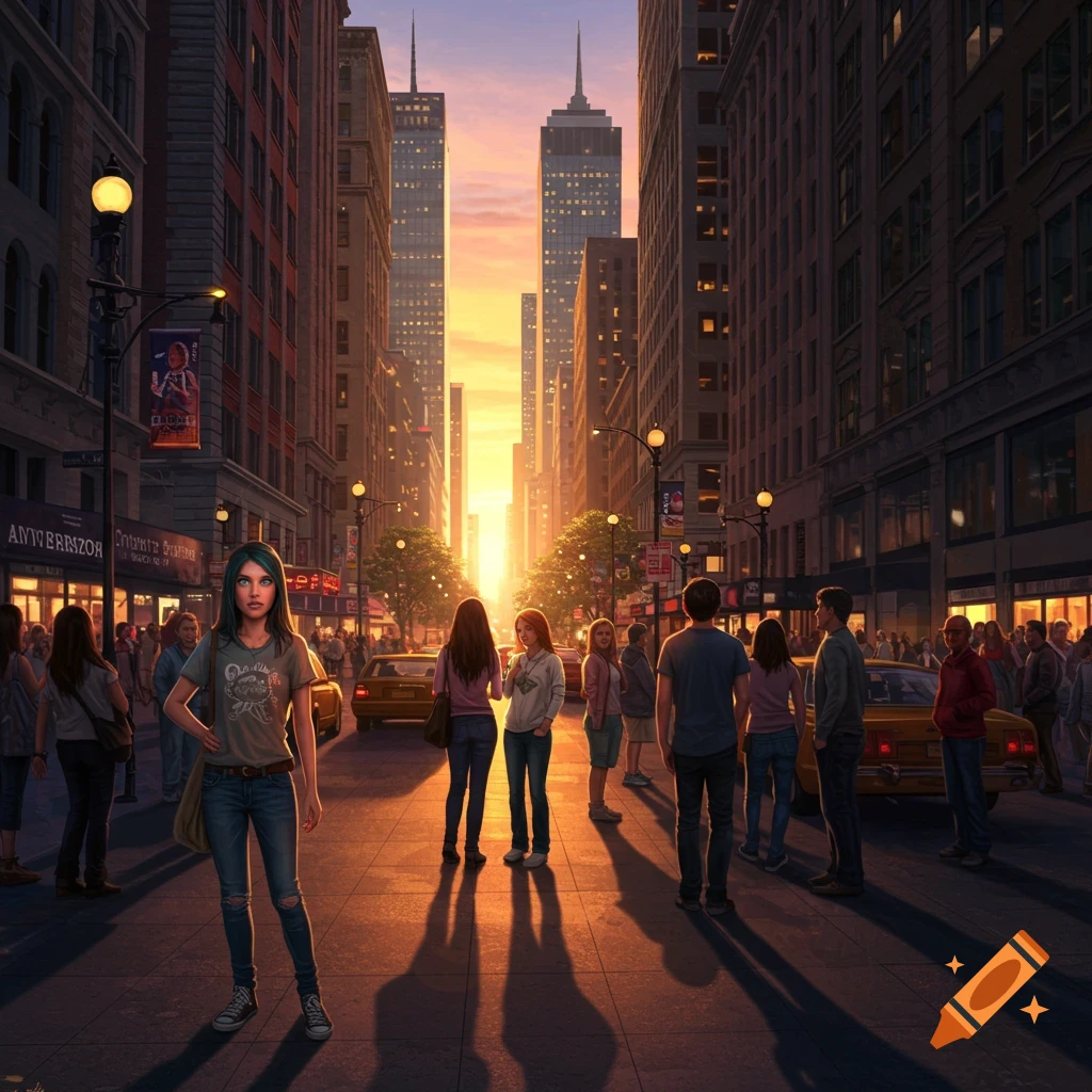 Crowded street scene with people using phones, city life depicted ...