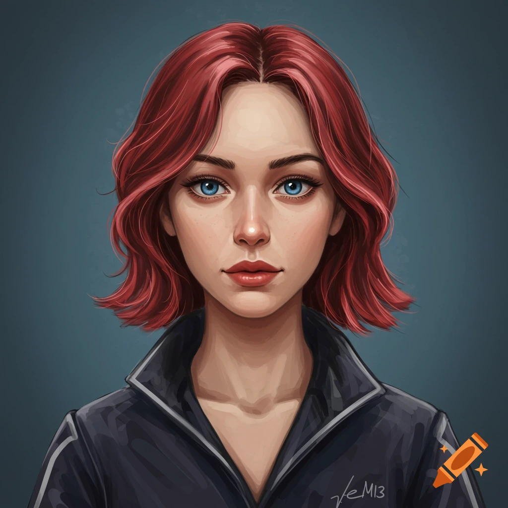 A young woman with red hair and blue eyes wearing a black jacket.