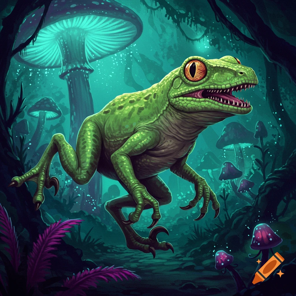 A creature that is a mix of a frog and a velociraptor in a glowing mushroom forest.