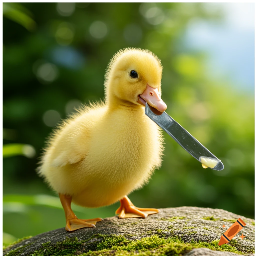A cute yellow duckling stands on a rock holding a knife with something on it in its mouth.