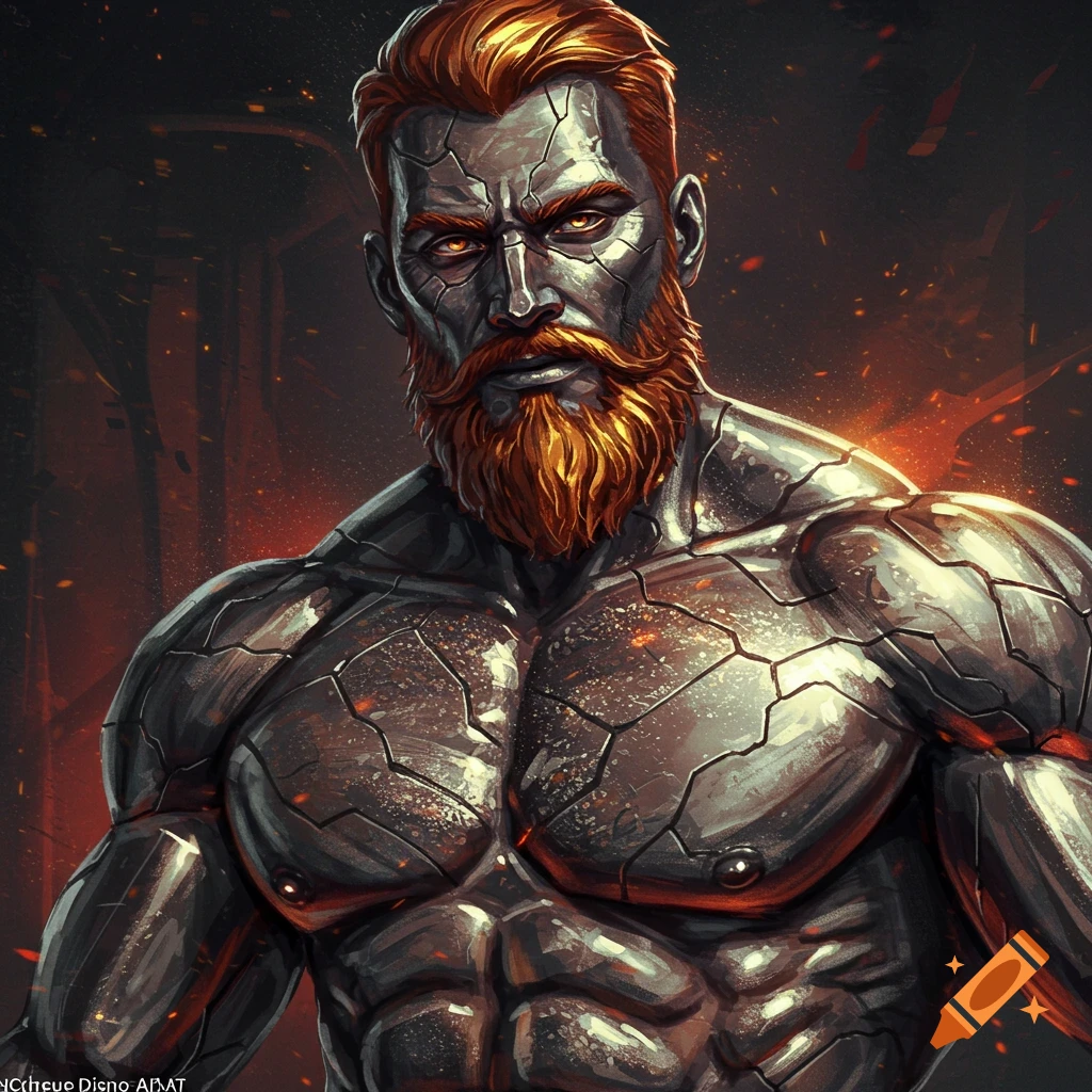 Muscular man with cracked metal skin, an orange beard, and glowing eyes surrounded by embers.