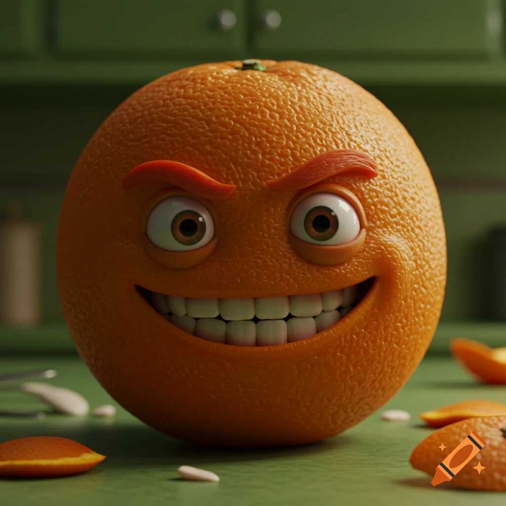 Close-up 3D render of a grinning cartoon orange with wide eyes.
