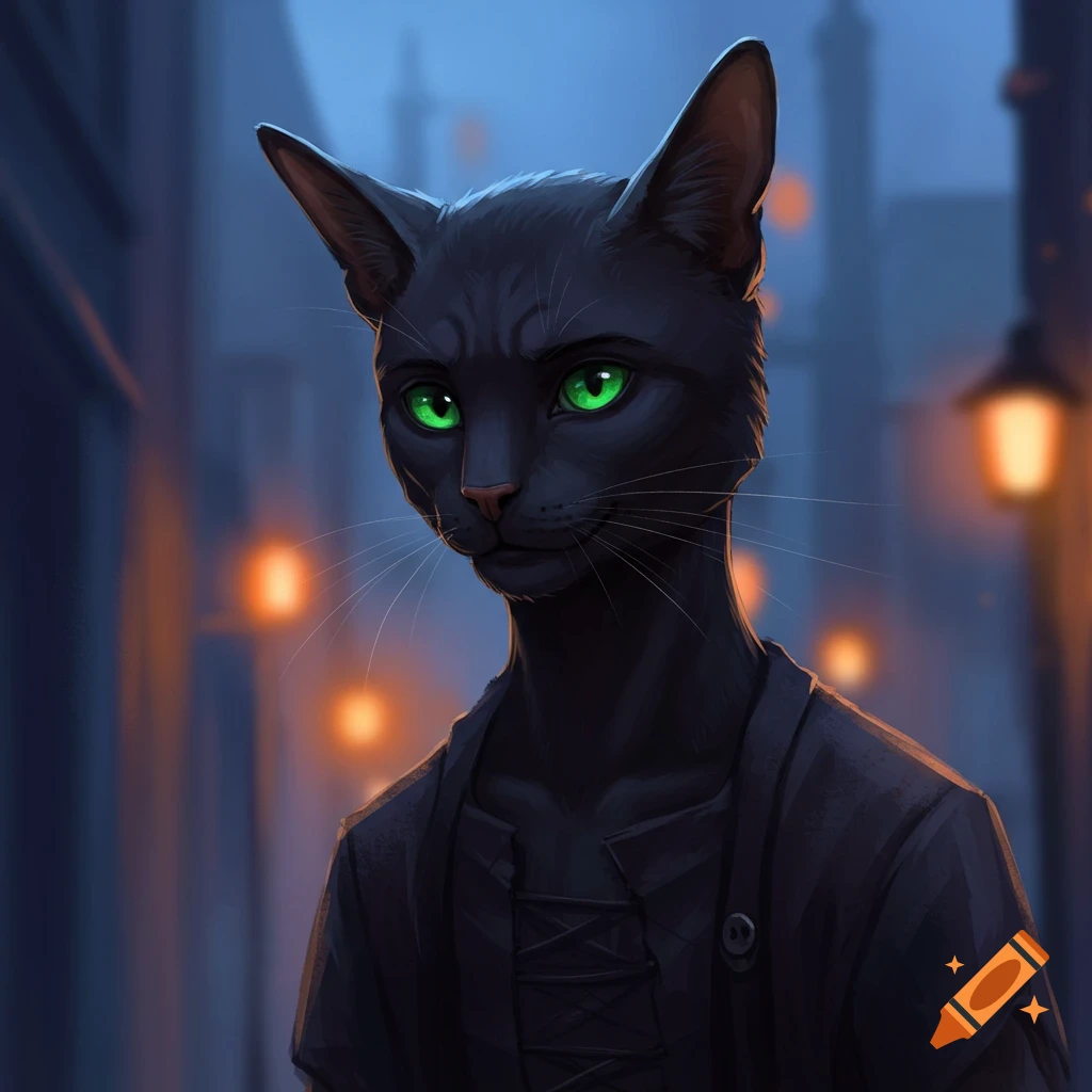A black humanoid cat with bright green eyes in a dark street at night.