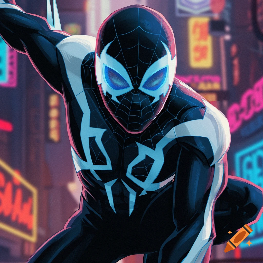 Illustration of Miguel O'Hara Spider-Man 2099 in his suit crouching in a neon city.