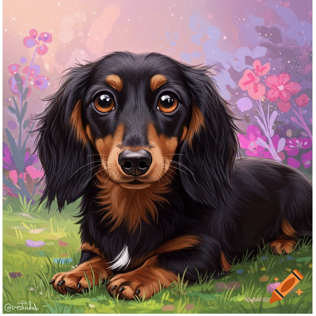 A long-haired black and brown dachshund lying in grass with flowers