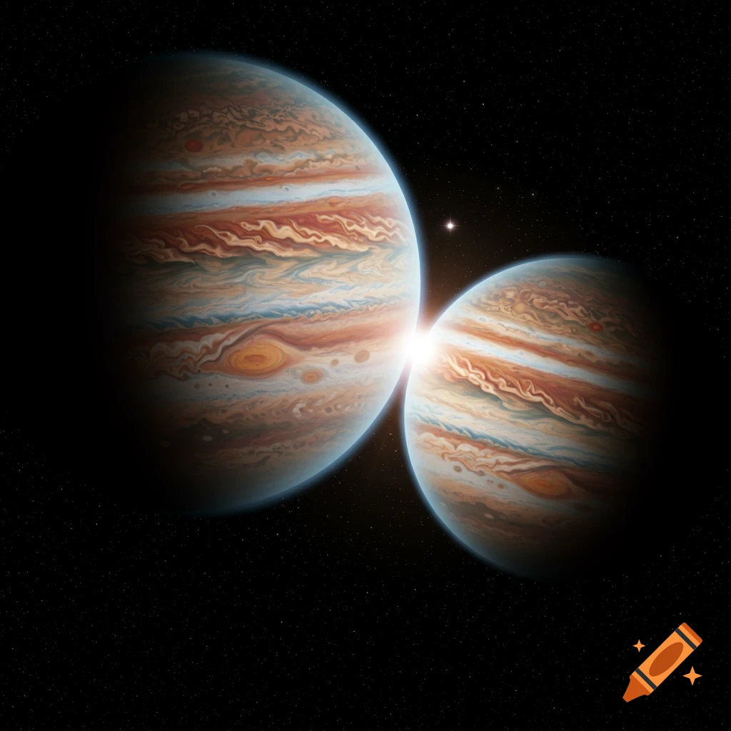 Two planets resembling Jupiter in space with light shining between them.