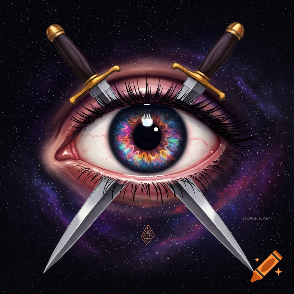 An eye with a colorful iris and daggers for lashes is set against a starry galaxy background.