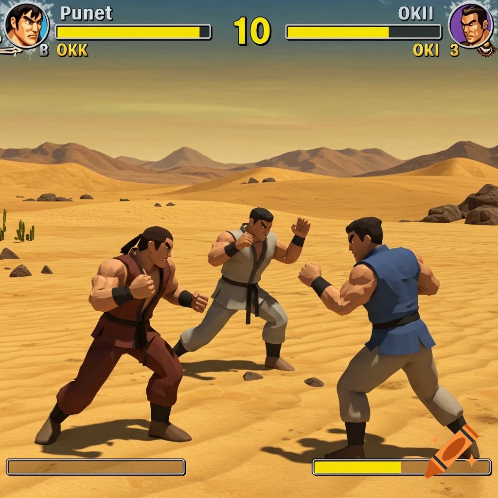 Three fighters in a desert scene with a retro 3D fighting game interface.