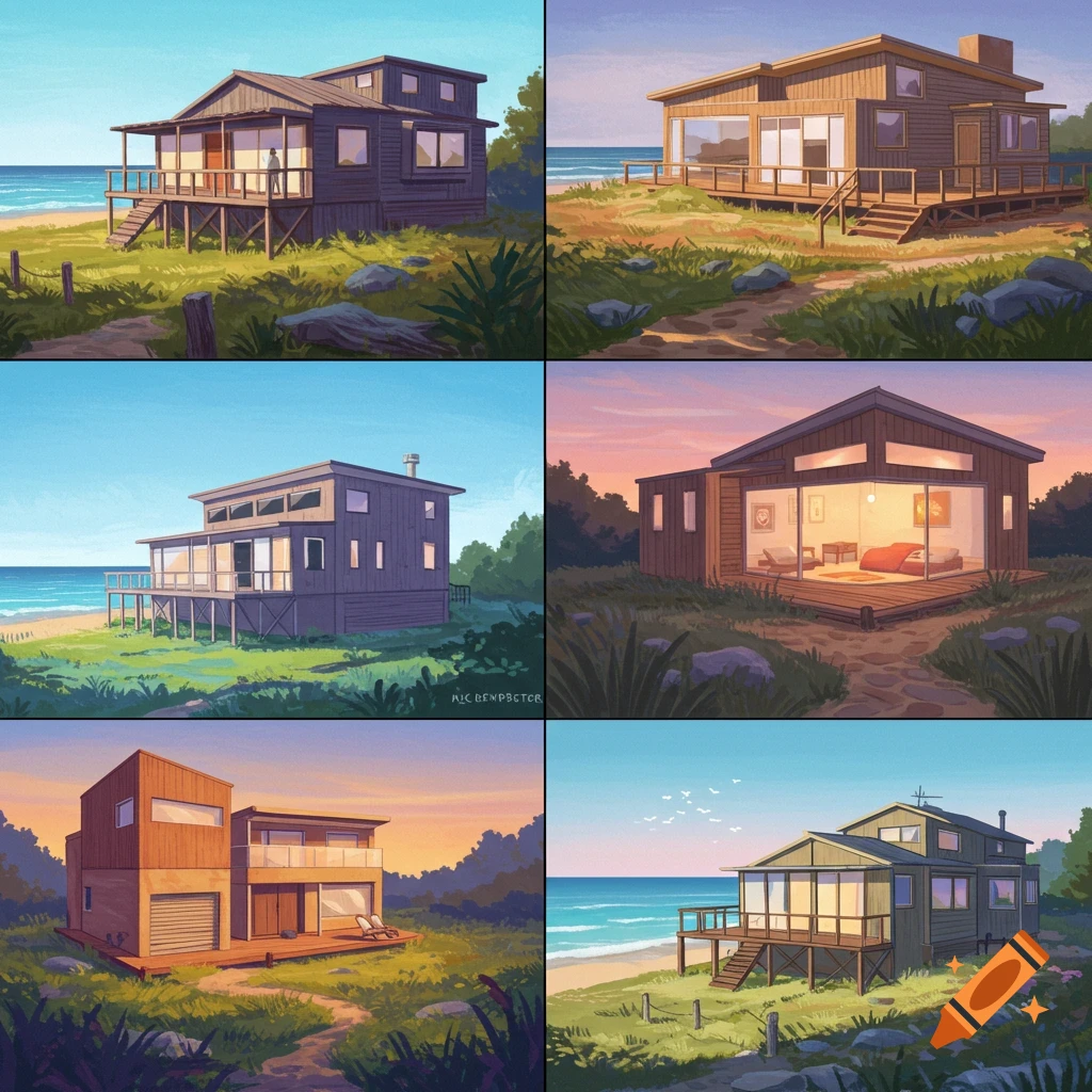 Six stylized illustrations of beach houses on grassy dunes by the ocean.