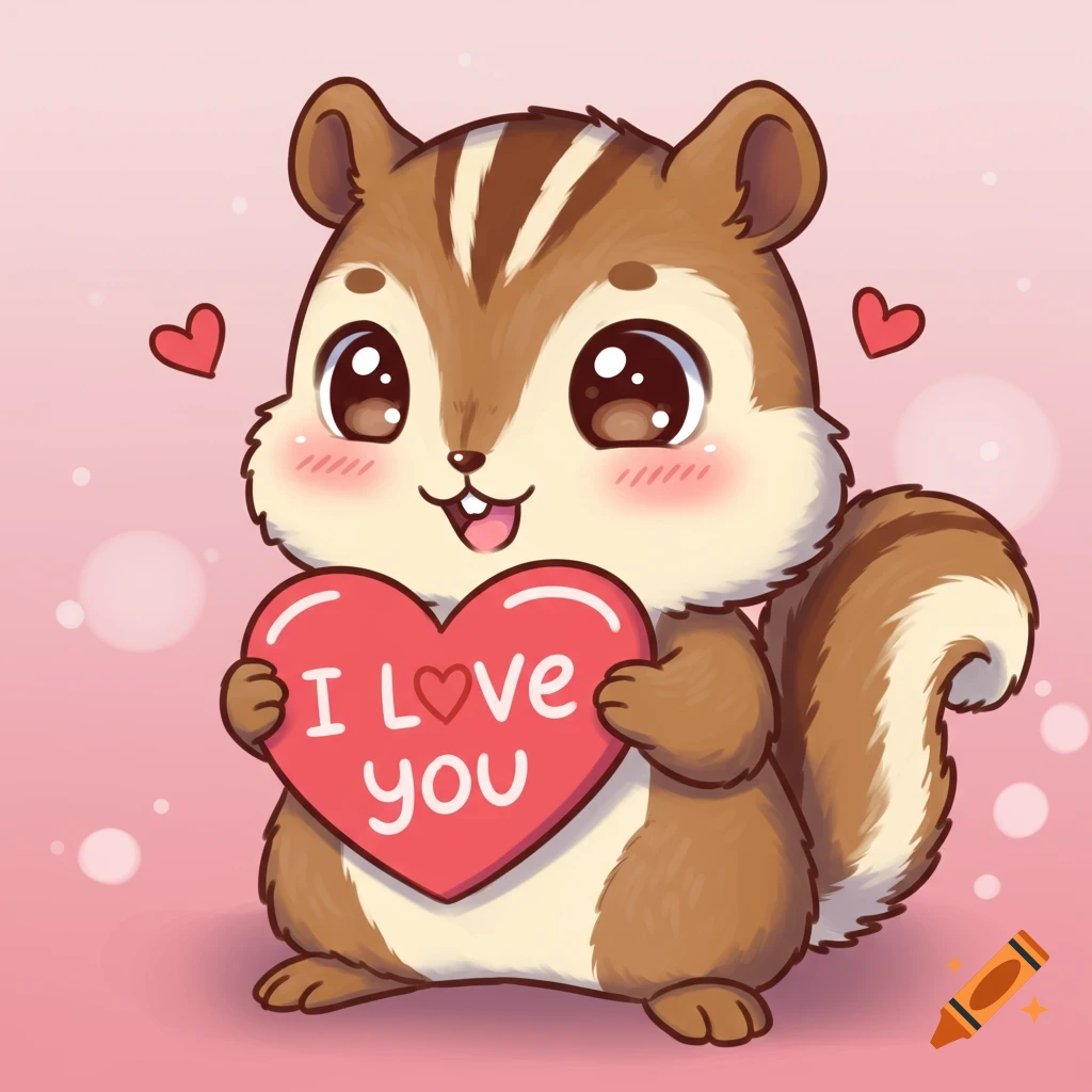 Cute anime chipmunk holding a heart with "I love you" text.