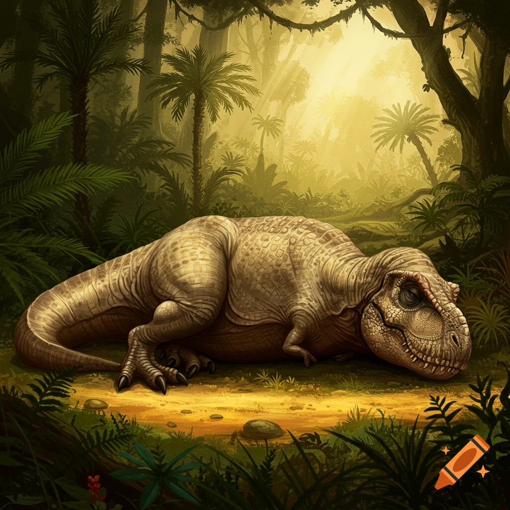 A Tyrannosaurus Rex laying down sleeping in a jungle.