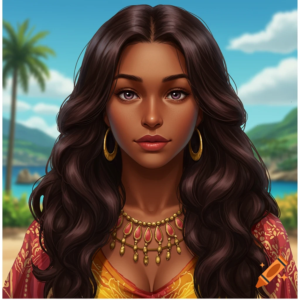 A portrait of a woman with long dark wavy hair, gold earrings, necklace, and a patterned dress, against a tropical background.