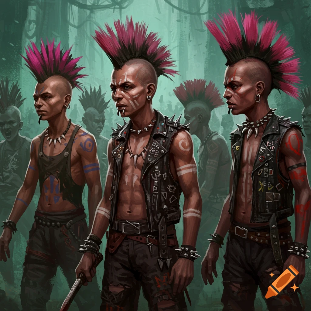 Several punk tribal figures with pink mohawks are in a forest.