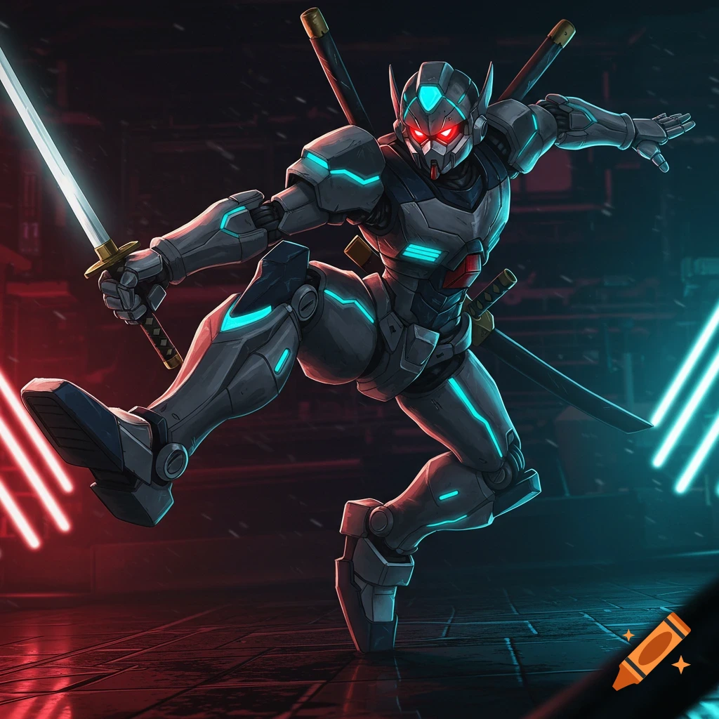 An anime-inspired robot ninja holds a glowing sword in a dynamic pose amid neon lights.